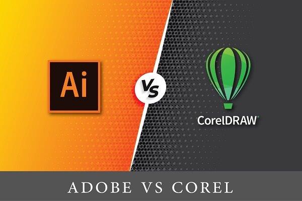 image containing on the left side of the adobe illustrator logo on an orange background on the right corel draw on a black background
