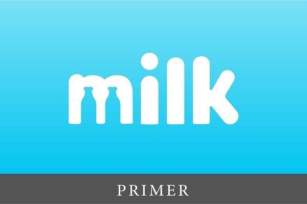 inscription milk in English white letters blue background